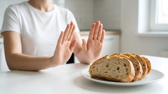 Woman Rejecting Bread with Stop Hand Gesture &ndash; Gluten Free Celiac Allergy Diet Healthcare Banner