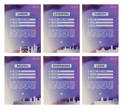United Kingdom vector pack with infographics layouts, posters, flyers. Graphic template with data about London, Liverpool, Cardiff, Bristol, Birmingham, Leeds for web page, travel guide, cover, print