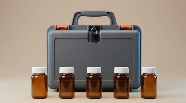 Locked Medication Case with Amber Medicine Bottles &ndash; Prescription Drug Safety Security Banner