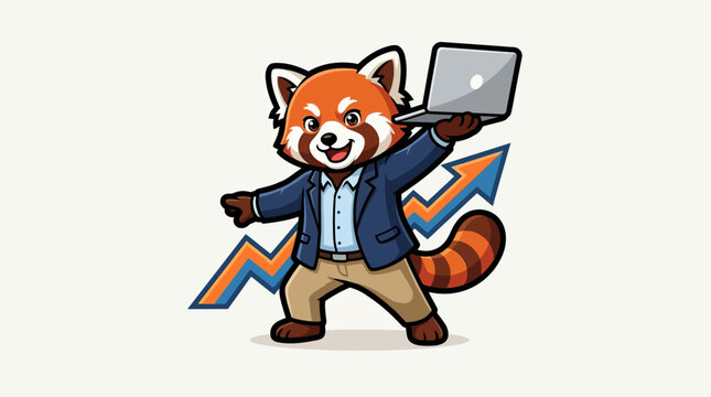 Red panda businessman mascot holding laptop with growth chart.
