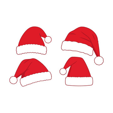 Set of four red santa claus hats for christmas celebrations and holiday design elements Vector