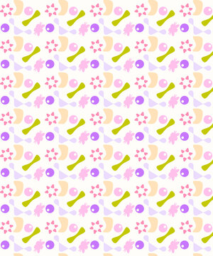 Cute seamless floral pattern with pink flowers, green leaves, yellow shapes, and purple accents on a white background.