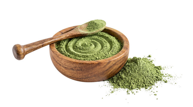 Organic green tea matcha powder in wooden bowl, herbal superfood spirulina powder with wooden spoon, healthy dietary wellness supplement isolated PNG with Transparent Background