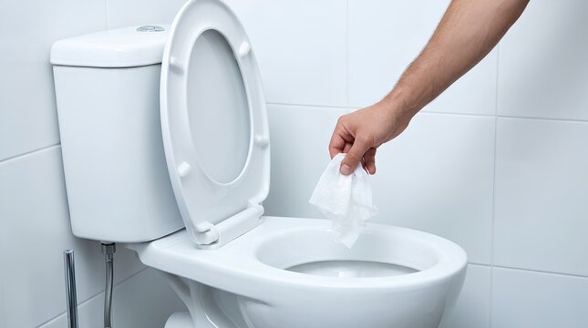 Hand Throwing Wet Wipe Into Toilet Bowl Close Up &ndash; Plumbing Blockage Maintenance Concept Banner