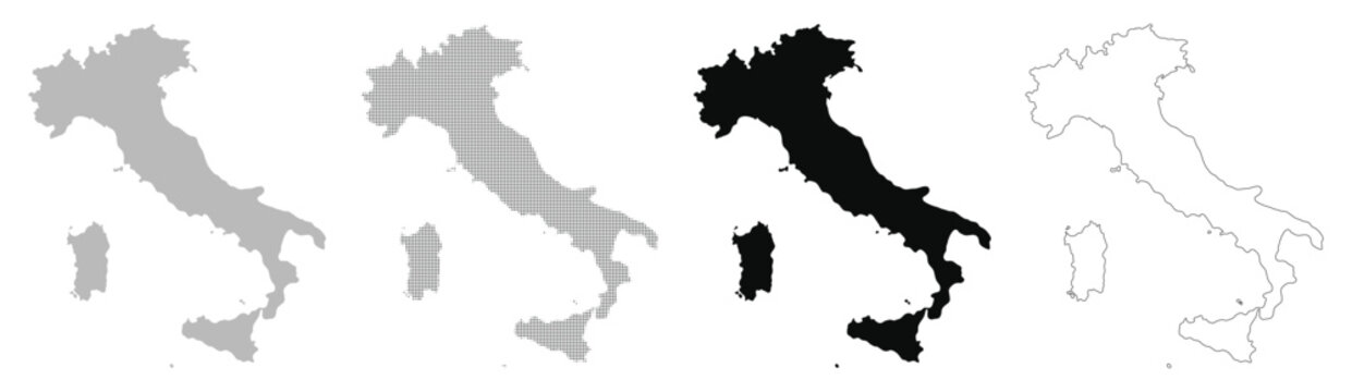 Set of Italy map icons in various styles. Halftone, flat black, gray and border line country map vector collection.