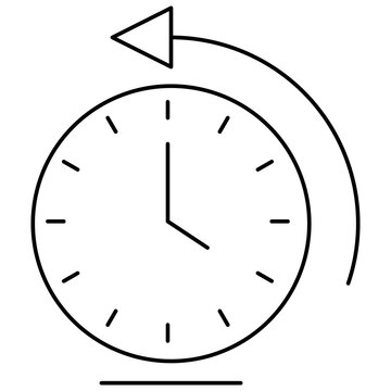 Line art style icon illustration of a clock with counterclockwise arrow isolated on transparent background. Minimalist thin line design element for flashback history UI.