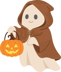 Fototapeta premium A cute cartoon ghost wearing a brown hooded cloak and holding a jack-o-lantern pumpkin.