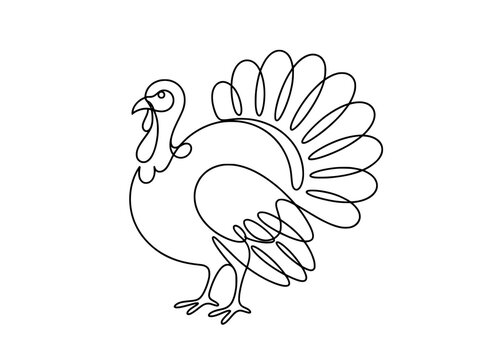 Minimalist continuous line art turkey illustration, Thanksgiving bird vector graphic, black outline turkey icon for autumn harvest design