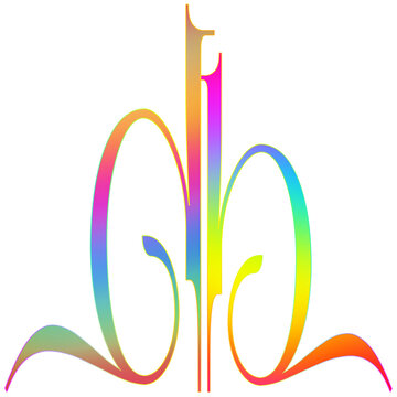 Colorful rainbow gradient calligraphic flourish emblem on transparent background. PNG stock graphic element for luxury monogram, initial symbol, branding, and decorative logo design.