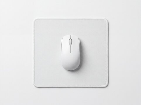 White computer mouse on white square mousepad top view