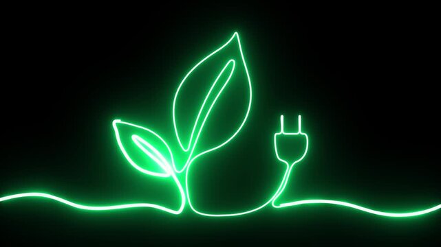 Neon green eco energy icon, glowing continuous line drawing of leaves and electrical plug, sustainable power concept, renewable energy symbol.