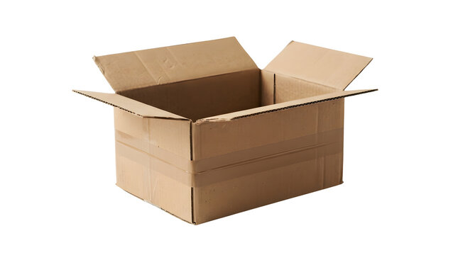 An empty open brown cardboard shipping box angled toward the viewer with all four top flaps folded outward, featuring wide brown packing tape wrapped horizontally around the lower exterior walls