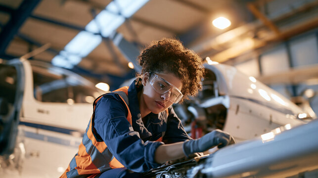 Aircraft maintenance engineer wearing safety glasses and a high-visibility vest inspects the wing of a small airplane inside a hangar