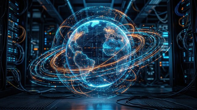 Holographic blue planet earth with orbiting data lines in a server room, global business technology