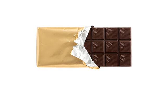 A dark brown segmented chocolate bar partially unwrapped, showing a smooth gold foil wrapper on the left and a crinkled silver foil interior revealing scored rectangular blocks isolated on white