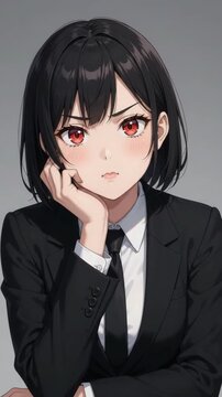 Anime girl with red eyes and black bob in suit pouting with cute angry expression resting cheek on hand. Vertical video
