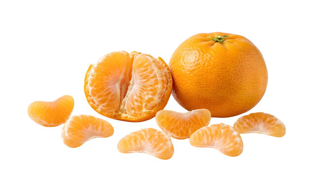 One whole bright orange mandarin with a small green stem, one partially peeled mandarin showing juicy internal segments, and several individual orange segments arranged in front on white background