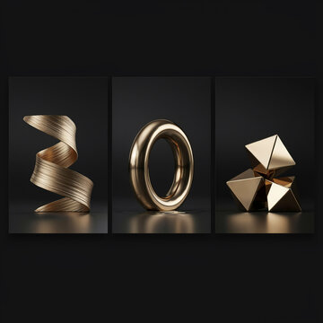 Three gold geometric sculptures including a spiral ribbon, a ring, and stacked pyramids on