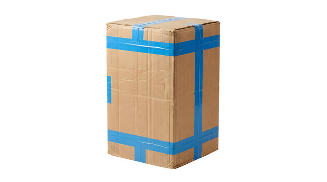 Large tall rectangular brown corrugated cardboard shipping box standing upright, heavily reinforced and sealed with glossy blue adhesive packing tape on every side, isolated on white background