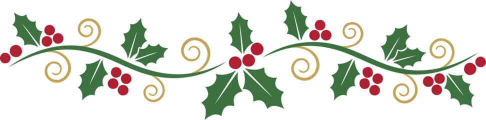 Decorative christmas holly branch border with green leaves and red berries for festive design Vector © azad