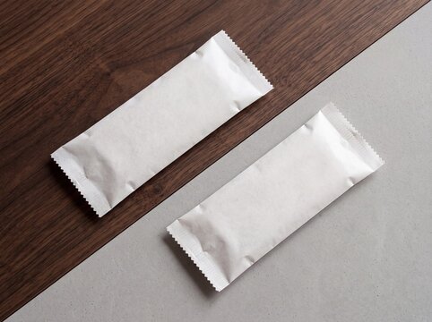 Blank white paper sachet packets mockup on split surface