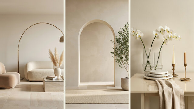 Three interior scenes featuring minimalist furniture, arched doorways, and floral table