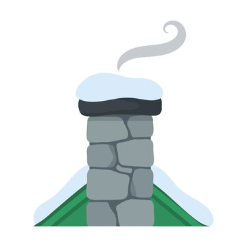 Stone chimney on a snowy roof with smoke rising in winter Vector