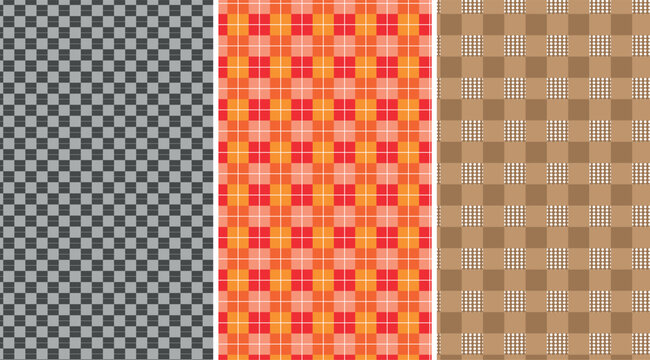 Set of three seamless geometric patterns featuring checkered orange red and brown textures for creative design backgrounds