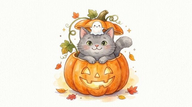 A cute watercolor illustration of a fluffy grey kitten sitting inside a carved jack o lantern pumpkin for halloween