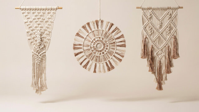 Three macrame wall hangings with tassels and knotted patterns on a light wall