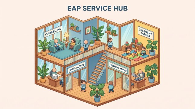 employee care program concept. Isometric office space showing EAP service hub with counselling, legal advice, and chil...
