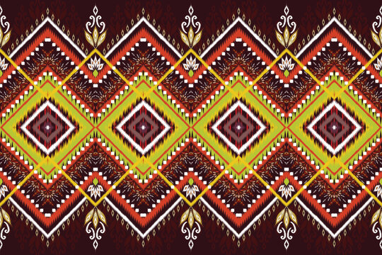 Ethnic Ikat nested rhombus pattern with Thai Kranok ornament. Traditional geometric seamless fabric background for silk dress, wallpaper and packaging.