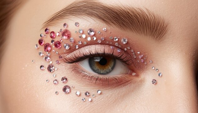 Close-up of an eye with pink and clear rhinestones artistically arranged around it on smooth skin.