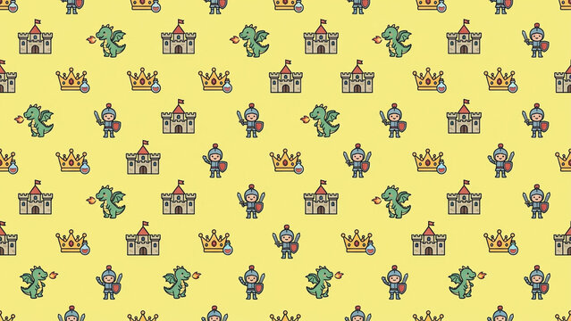 A seamless repeating pattern features cute cartoon medieval icons