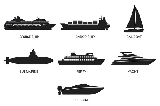 
Set of 7 water transport ship silhouettes with names - cruise ship, cargo ship, sailboat, submarine, ferry, yacht and speedboat icons