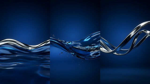 Three panel set of abstract blue water waves and metallic silver liquid flowing shapes