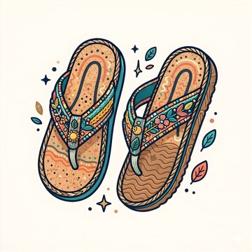 A pair of highly detailed flip-flops in a unique bohemian style, presented as a high-quality clip art vector illustration. The design features intricate ethnic patterns.
