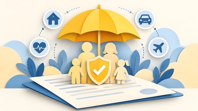 Family protected by umbrella with shield representing comprehensive insurance for home health car and travel on top of documents