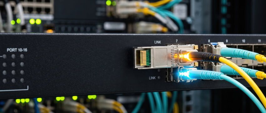 Fiber optic network switch with colorful cables and glowing ports infrastructure