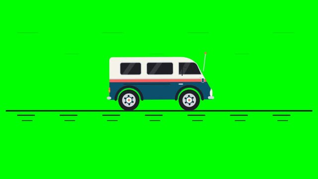 Flat vector illustration of a vintage camper van driving on a green background.