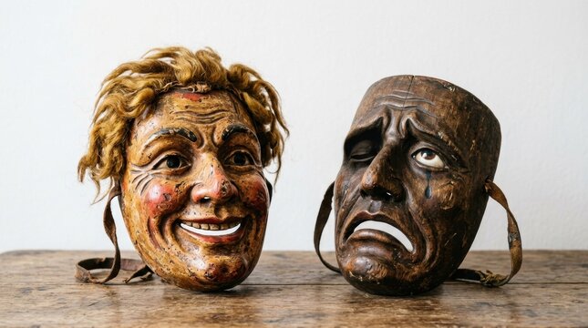 Two vintage theatrical masks representing comedy and tragedy placed on a rustic wooden table against a plain white background