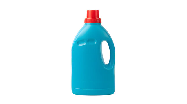 3D rendered bright cyan plastic laundry detergent container with an integrated handle, a ribbed red screw cap serving as a measuring cup, shown standing upright on a clean isolated white background
