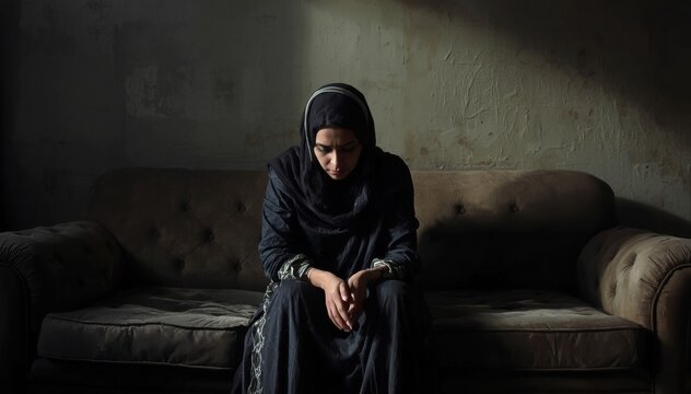 A woman in a black hijab sits solemnly on a worn sofa in a dimly lit room, conveying a mood of contemplation or sadness.