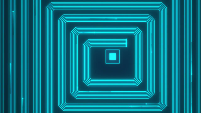Square spiral of cyan glowing circuit traces winding into central chip, dark navy