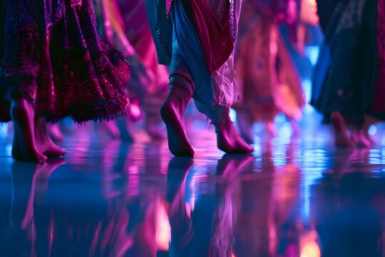 Close up of traditional indian dancers feet on a reflective floor with vibrant pink and blue neon lighting