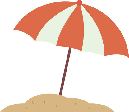 Flat vector red and white striped beach umbrella standing on sand, summer vacation parasol illustration
