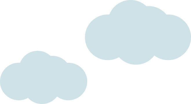 Flat vector set of two light blue fluffy clouds, simple pastel sky cloud elements isolated on white