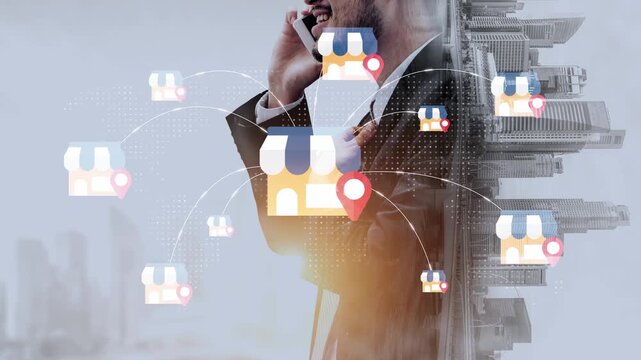 Business communication and digital marketing growth with store icons and location markers representing urban retail interaction and networking opportunities Gluon.