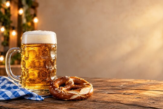 Beer stein and salted pretzel with Bavarian festival copy space