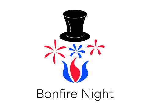 Bonfire Night Emblem with Top Hat Flames and Fireworks Vector Illustration